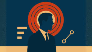 A minimalist digital illustration of a composed executive in profile, surrounded by warm golden light on a dark background, symbolizing calm leadership, focus, and clarity under pressure.