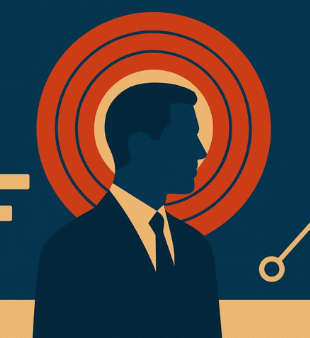 A minimalist digital illustration of a composed executive in profile, surrounded by warm golden light on a dark background, symbolizing calm leadership, focus, and clarity under pressure.